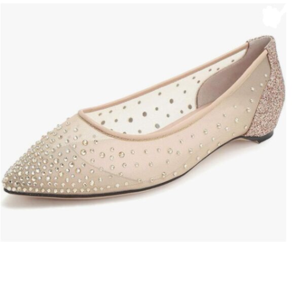 XYD Champagne Mesh Rhinestones Studded Ballet Flats Hidden Heels Slip On Shoes - Picture 1 of 8